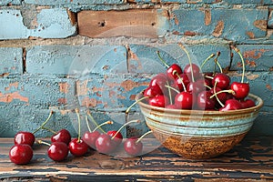 Fresh cherry on plate on wooden dark background. fresh ripe cherries. sweet cherries