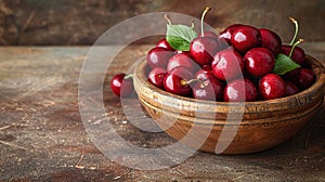 Fresh cherry on plate on wooden dark background. fresh ripe cherries. sweet cherries