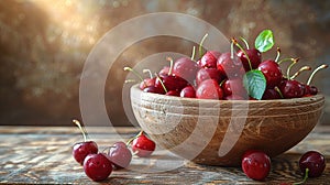 Fresh cherry on plate on wooden dark background. fresh ripe cherries. sweet cherries