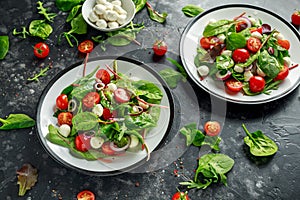 Fresh Cherry Tomato, Mozzarella salad with green lettuce mix and red onion. served on plate. healthy food.