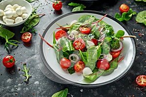 Fresh Cherry Tomato, Mozzarella salad with green lettuce mix and red onion. served on plate. healthy food.