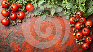 Fresh cherry tomatoes and basil leaves on rustic red surface
