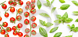 Fresh  cherry tomatoes with basil leaves on white background