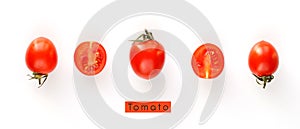 Fresh cherry tomatoes whole and cut in half on a white background