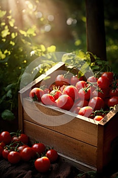 fresh cherry tomatoes in wooden crate in evening garden, Generative AI