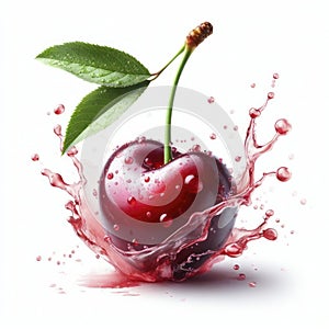 Fresh Cherry with vivid juice and water splashes isolated on white background. ai generative