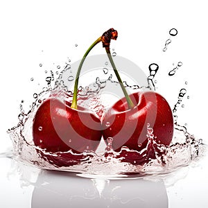 Fresh cherry in water splash on white backround. Juicy fruit. Generative AI
