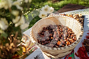 Fresh chestnuts in a basked ready to be cooked at a local Brunch in Transylvania