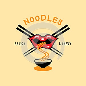 Fresh and chewy noodle logo with mouth eat noodle and chopstick