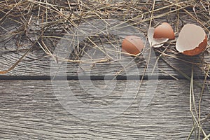 Fresh chicken brown eggs on rustic wood, organic farming concept