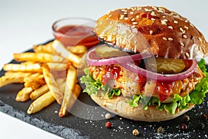 Fresh Chicken Burger, Hamburger or Chickenburger with Onions, Tomato Sauce, Pickled Cucumbers