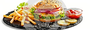 Fresh Chicken Burger, Hamburger or Chickenburger with Onions, Tomato Sauce, Pickled Cucumbers