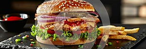 Fresh Chicken Burger, Hamburger or Chickenburger with Onions, Tomato Sauce, Pickled Cucumbers