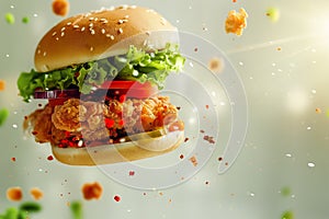 fresh chicken burger sandwich with flying ingredients and spices, Macro
