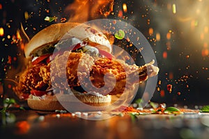 fresh chicken burger sandwich with flying ingredients and spices, Macro