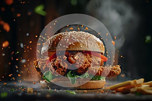 fresh chicken burger sandwich with flying ingredients and spices, Macro