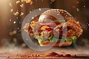 fresh chicken burger sandwich with flying ingredients and spices, Macro
