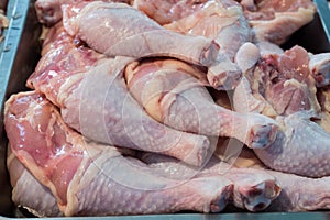 Fresh chicken on display in a meat market