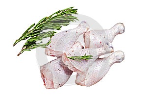 Fresh Chicken drumsticks legs with skin, raw poultry meat. Isolated on white background, top view.