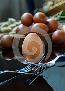 Fresh chicken egg Hen egg balanced on a composition of two intertwined forks with fresh chicken eggs on wood background