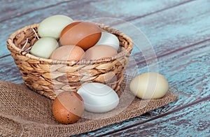 Fresh chicken eggs in a basket