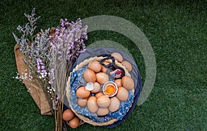 Fresh chicken eggs on basket. Nutrition concept