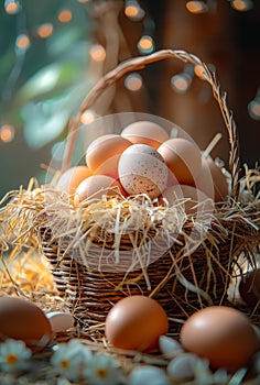 Fresh chicken eggs in basket on wooden rustic background