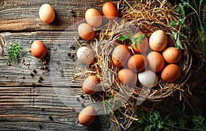 Fresh chicken eggs in basket on wooden rustic background