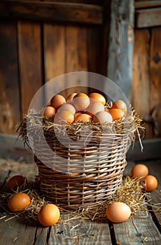 Fresh chicken eggs in basket on wooden rustic background