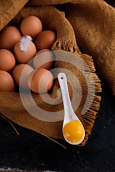 Fresh chicken eggs in burlap. Hen. egg. Easter.