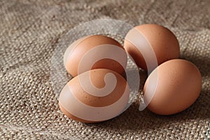 Fresh chicken eggs on burlap sack