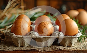 Fresh chicken eggs in carton box on wooden rustic background