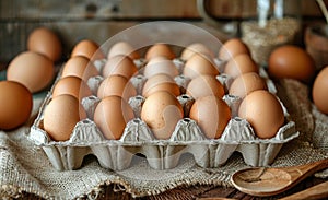 Fresh chicken eggs in carton on wooden rustic background