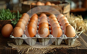 Fresh chicken eggs in carton on wooden rustic background