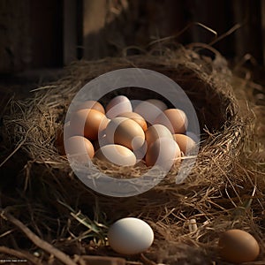 fresh chicken eggs in hay nest on a wooden background.