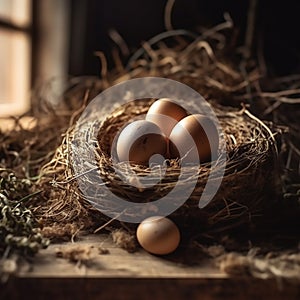 fresh chicken eggs in hay nest on a wooden background.