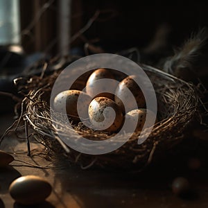 fresh chicken eggs in hay nest on a wooden background.