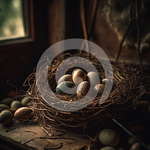 fresh chicken eggs in hay nest on a wooden background.