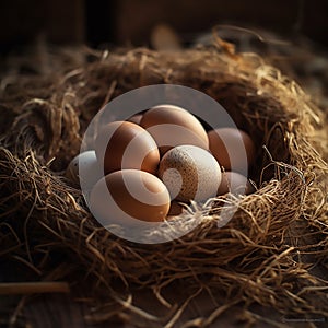 fresh chicken eggs in hay nest on a wooden background.