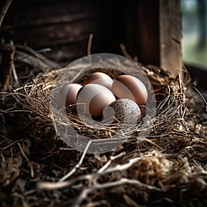 fresh chicken eggs in hay nest on a wooden background.