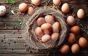 Fresh chicken eggs in the nest on rustic wooden background