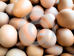 Fresh chicken eggs are sold in street market stalls.