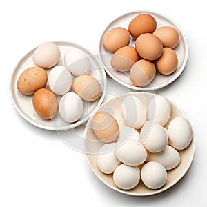 Chicken eggs in plates isolated on white background