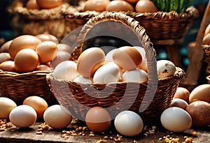 Fresh chicken eggs in a wicker basket