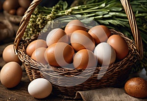 Fresh chicken eggs in a wicker basket
