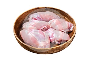 Fresh Chicken thigh meat, Raw Boneless and skinless fillet in a wooden plate. Isolated on white background. Top view.