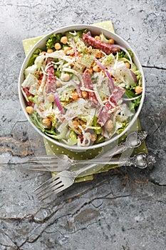 Fresh chickpea salami salad with iceberg and romaine lettuce, mozzarella, onion close-up in a bowl. Vertical top view photo