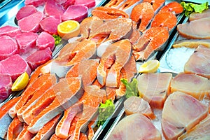 Fresh chilled fish. Salmon, tuna and catfish meat