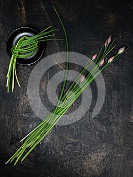 Fresh chives on dark vintage table. Overhead shot with copy space