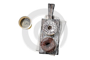 Fresh Chocolate artisan donuts and take away coffee. Isolated on white background, top view.